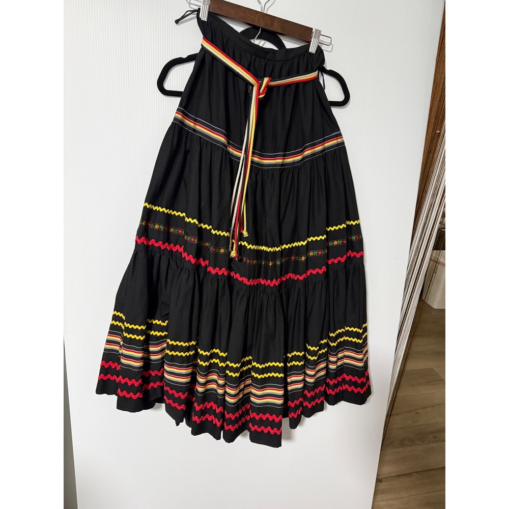 Victor Costa Vintage Tiered Maxi Skirt Black Rick Rack Boho Folk Belted Size 12 - Picture 2 of 8